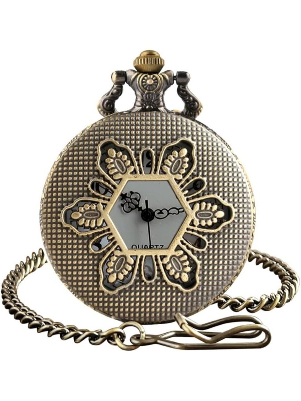 Men's White Vintage Chain Quartz Bronze Hexagon Necklace Halloween Pocket Watch